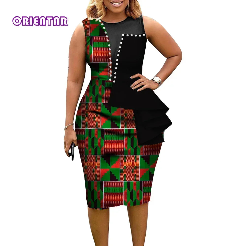 Fashion African Dresses for Women Bazin Riche African Print Cotton Short Dress Sleeveless Bodycon Dress African Clothes WY3798