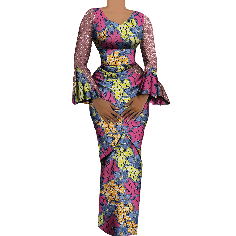 Women African Outfits 2 Pieces Set Shiny Flare Sleeves V Neck Tops and Long Pencil Skirts African Clothes for Women WY9972