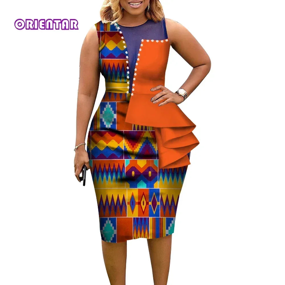 Fashion African Dresses for Women Bazin Riche African Print Cotton Short Dress Sleeveless Bodycon Dress African Clothes WY3798