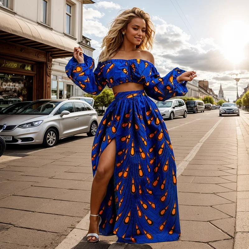Fashion African National Women Two Piece Set Sexy Slash-neck Long Sleeve Tops +High Slit Maxi Skirt Ladies Suit Africa Clothing