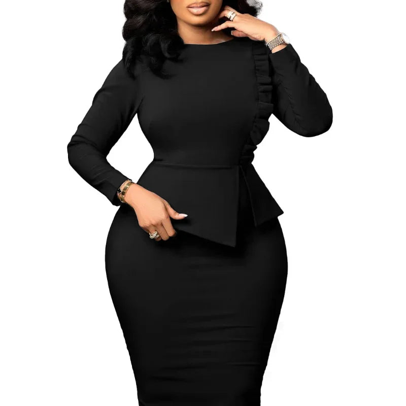 African Dresses for Women 2025 Spring Bodycon Midi Dress Daily Elegant High Waist Long Sleeve Robe Femme African Clothes