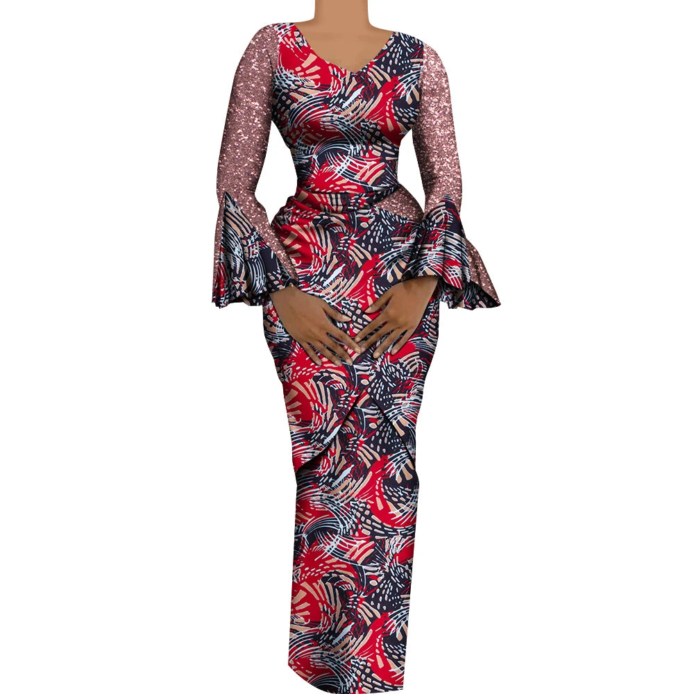 Women African Outfits 2 Pieces Set Shiny Flare Sleeves V Neck Tops and Long Pencil Skirts African Clothes for Women WY9972