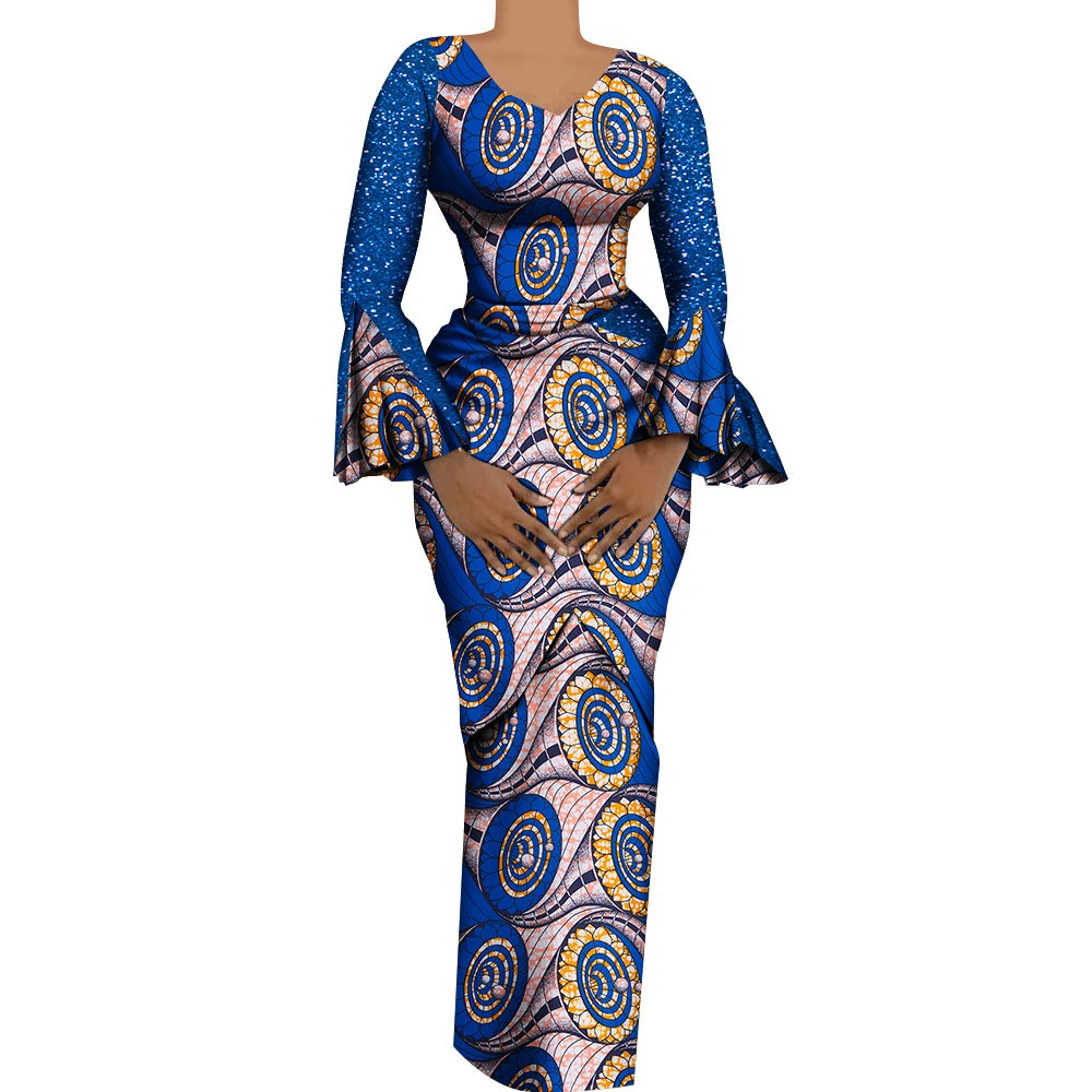 Women African Outfits 2 Pieces Set Shiny Flare Sleeves V Neck Tops and Long Pencil Skirts African Clothes for Women WY9972