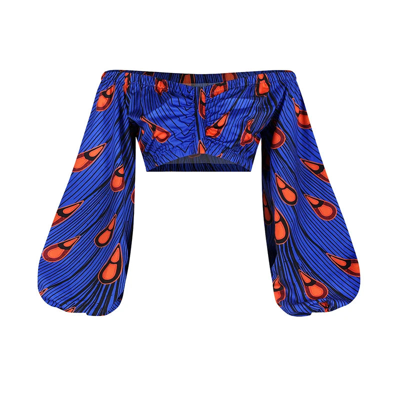 Fashion African National Women Two Piece Set Sexy Slash-neck Long Sleeve Tops +High Slit Maxi Skirt Ladies Suit Africa Clothing