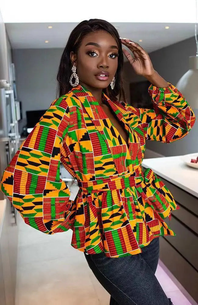 African Clothes for Women 2024 Summer African Women V-neck Polyester Printing Long Sleeve T-shirt Women Top African Clothing