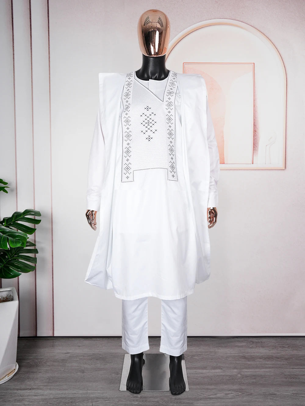 H&D African Clothes for Men White Tradition Wedding Party Clothing Robe Embroidery Shirt Pants 3 Pcs Set Dashiki Agbada Ramadan