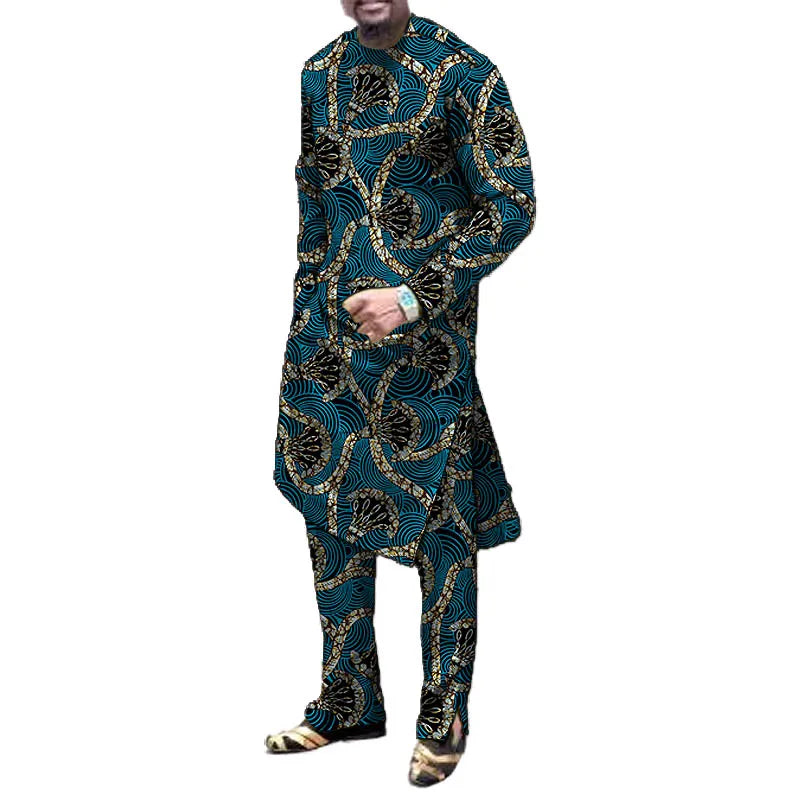 Trendy African Clothes Men Set Nigerian Print Shirt With Pant Customized Groom Suit Tailor Design Bottom Slit Ankara Outfit