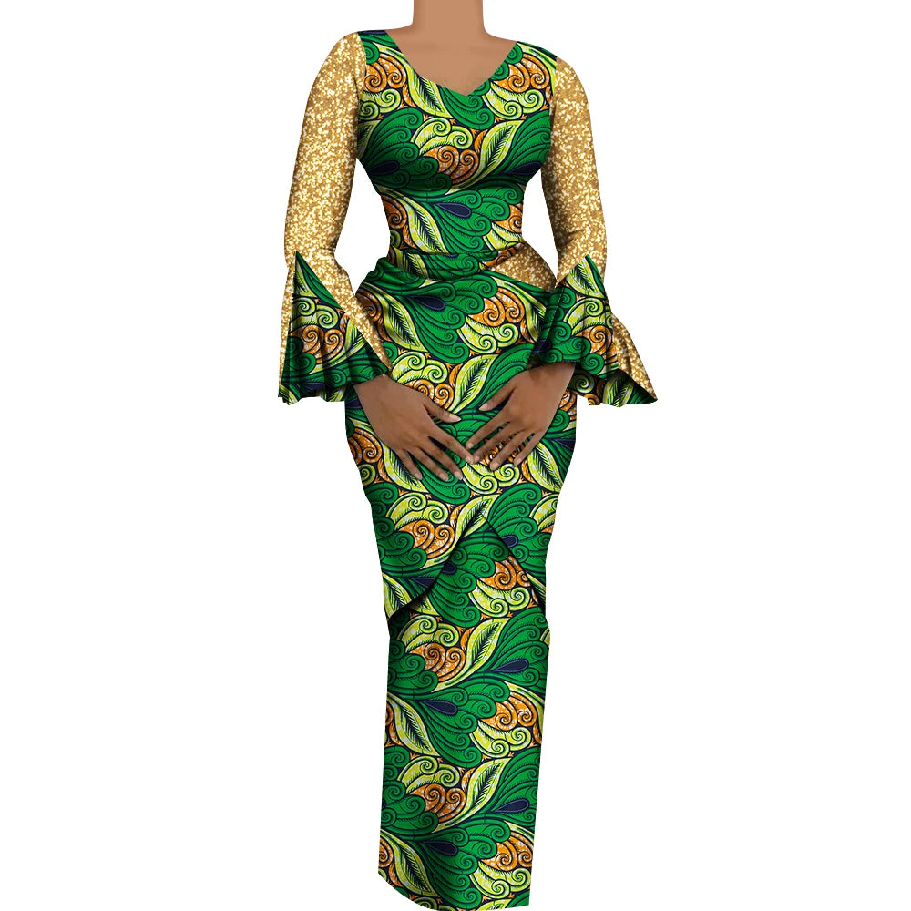 Women African Outfits 2 Pieces Set Shiny Flare Sleeves V Neck Tops and Long Pencil Skirts African Clothes for Women WY9972