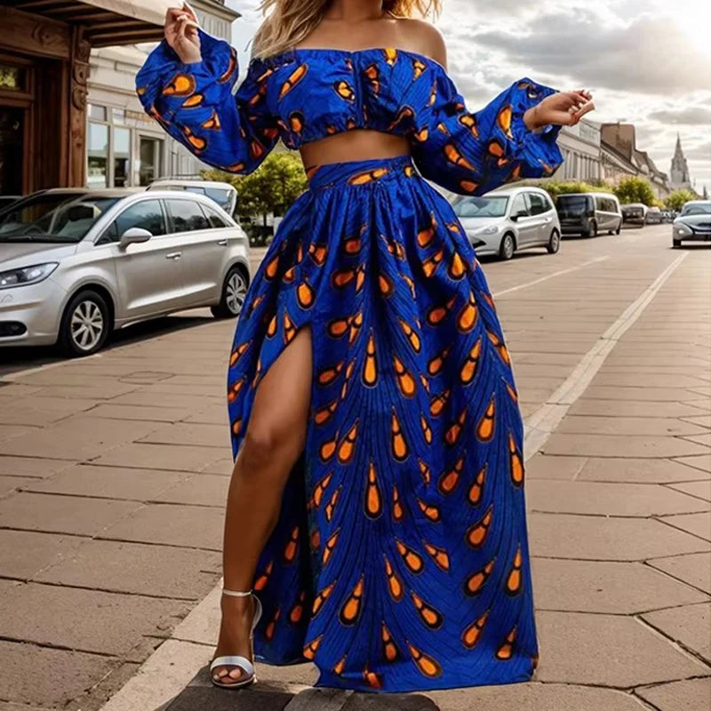 Fashion African National Women Two Piece Set Sexy Slash-neck Long Sleeve Tops +High Slit Maxi Skirt Ladies Suit Africa Clothing