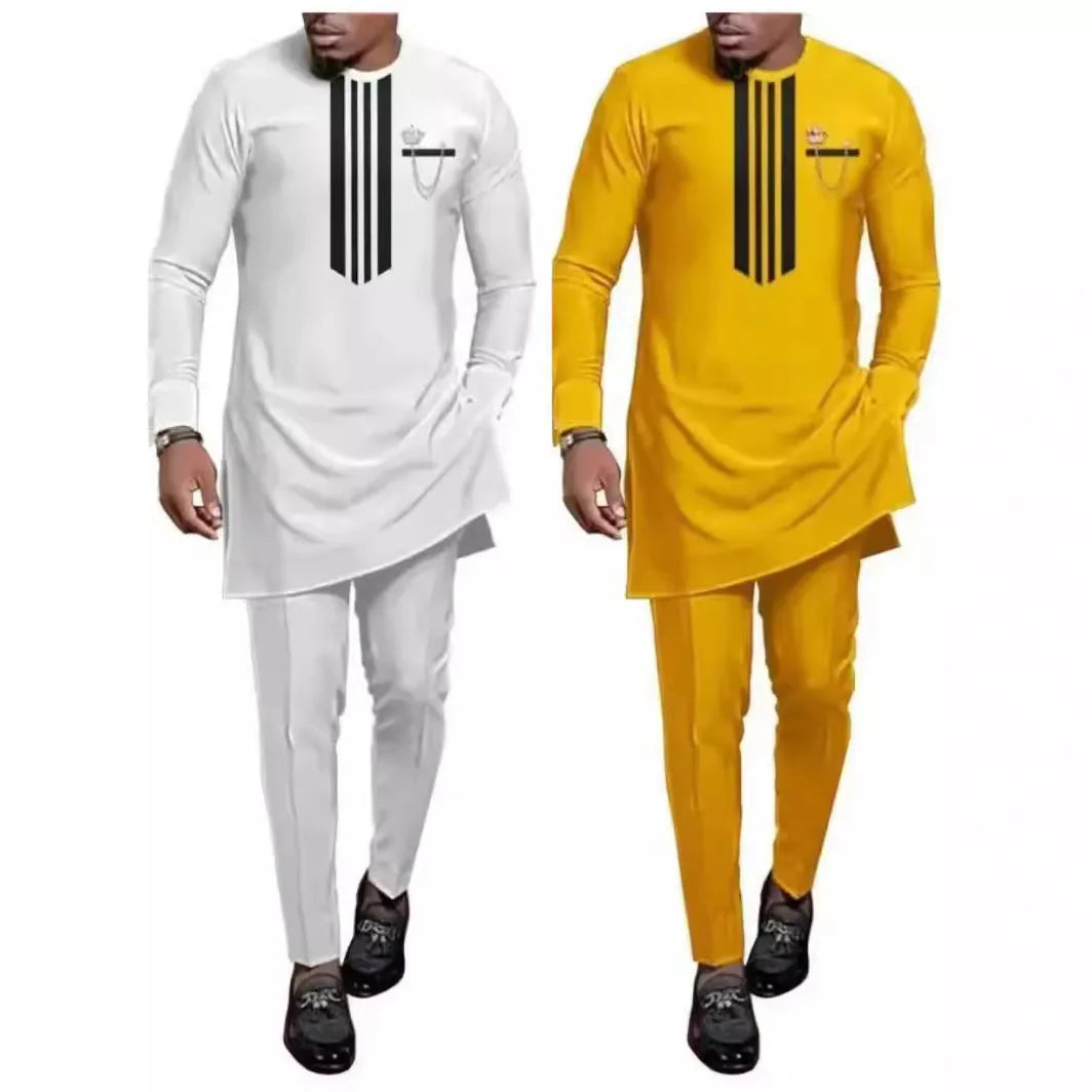 Men African Summer Outfits Stripe Patchwork Shirt Trousers Two Pieces Set Party Festival Wedding Africa Traditional Ethnic Suit