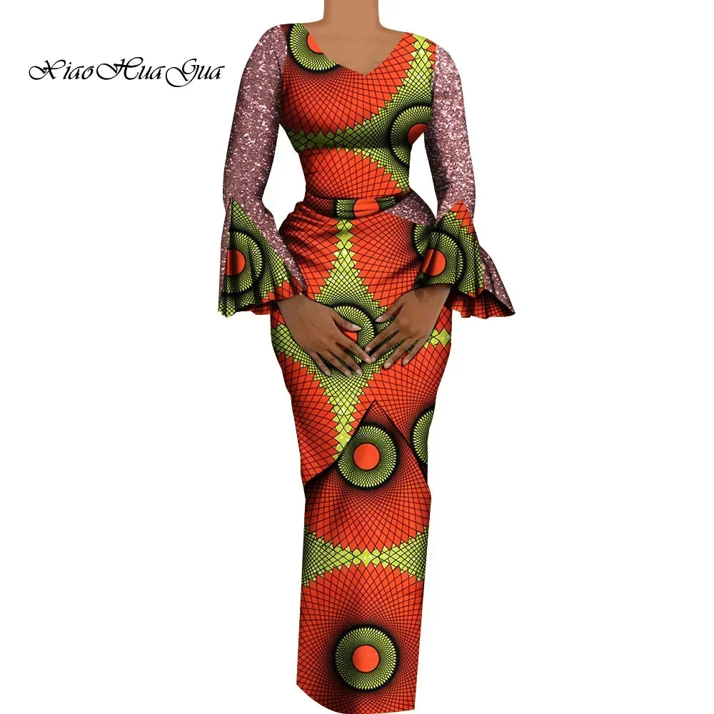 Women African Outfits 2 Pieces Set Shiny Flare Sleeves V Neck Tops and Long Pencil Skirts African Clothes for Women WY9972