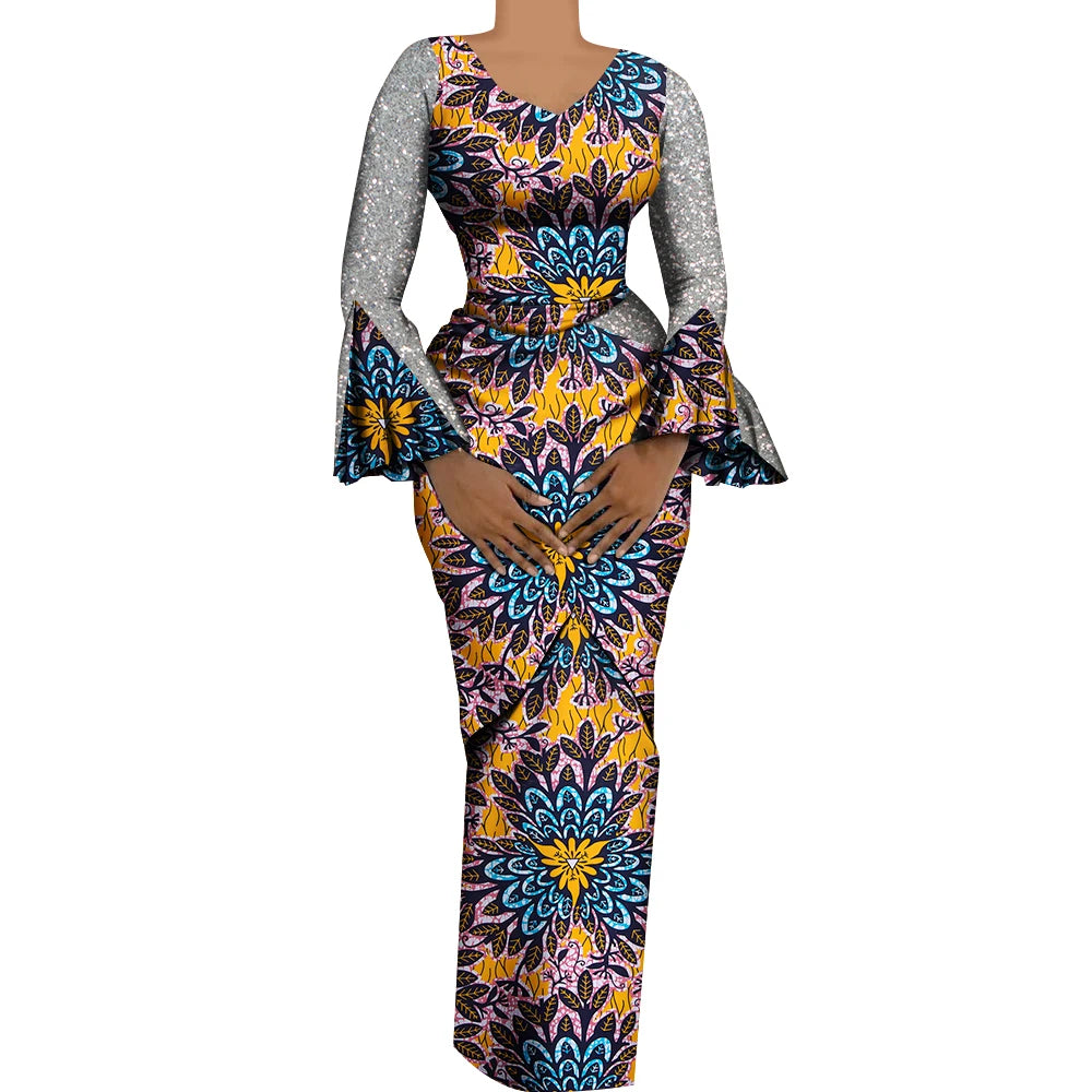 Women African Outfits 2 Pieces Set Shiny Flare Sleeves V Neck Tops and Long Pencil Skirts African Clothes for Women WY9972