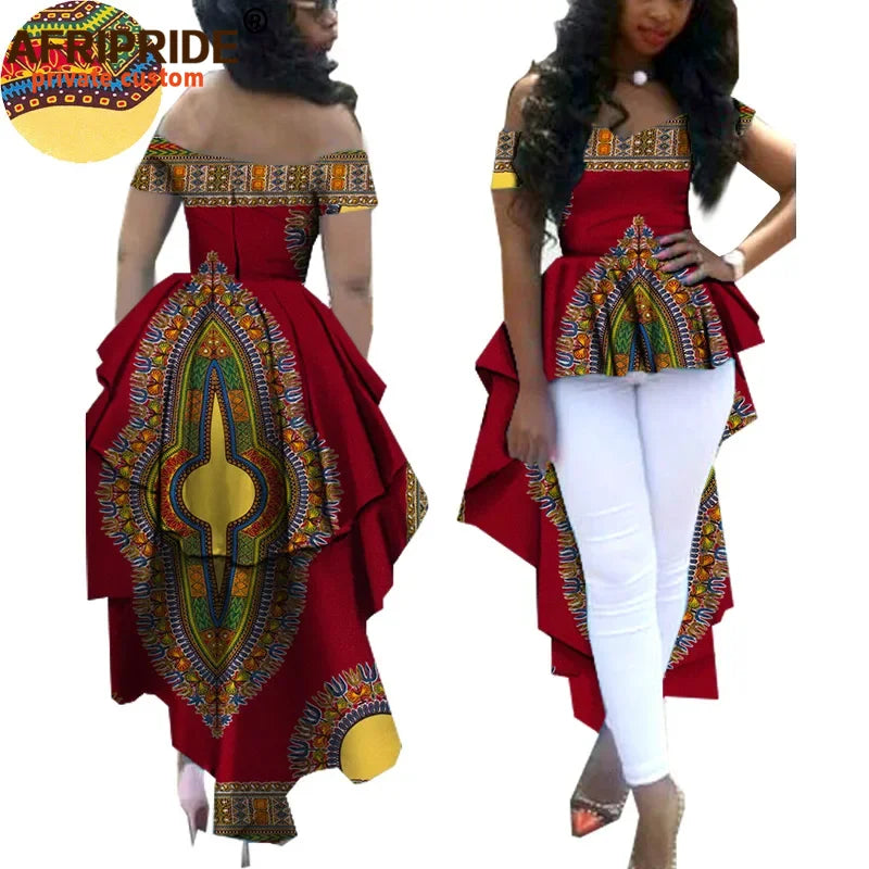 African Clothes for Women AFRIPRIDE Ankara V-neck Off Shoulder Coat with Dashiki Double Ankle-length Back Plus Size A722412