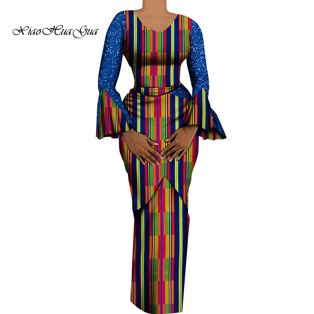 Women African Outfits 2 Pieces Set Shiny Flare Sleeves V Neck Tops and Long Pencil Skirts African Clothes for Women WY9972